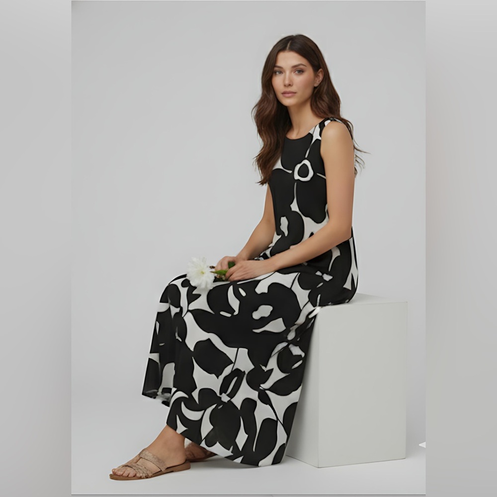 LAST ONE 🔥 Black/White Floral Printed Loose Fit Dress - Picture 3 of 8